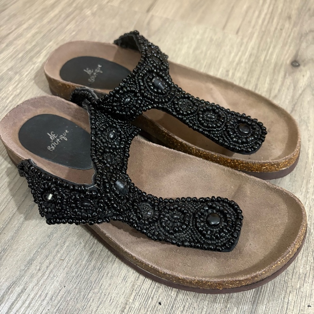 Black Beige Beaded Thong Sandals Sz 8M Embellished Boho Fairy Peasant Boutique